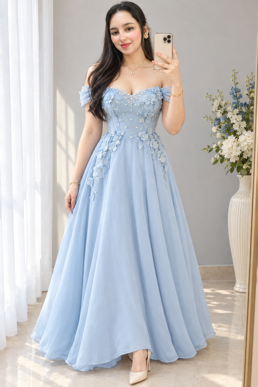 Vestido celeste corsé floral con perlas y mangas caídas cod. VC002