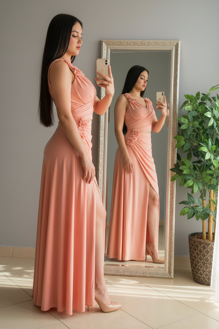 Vestido Salmon Rose – Gown Salmón con Rosas 3D & Abertura cod.681
