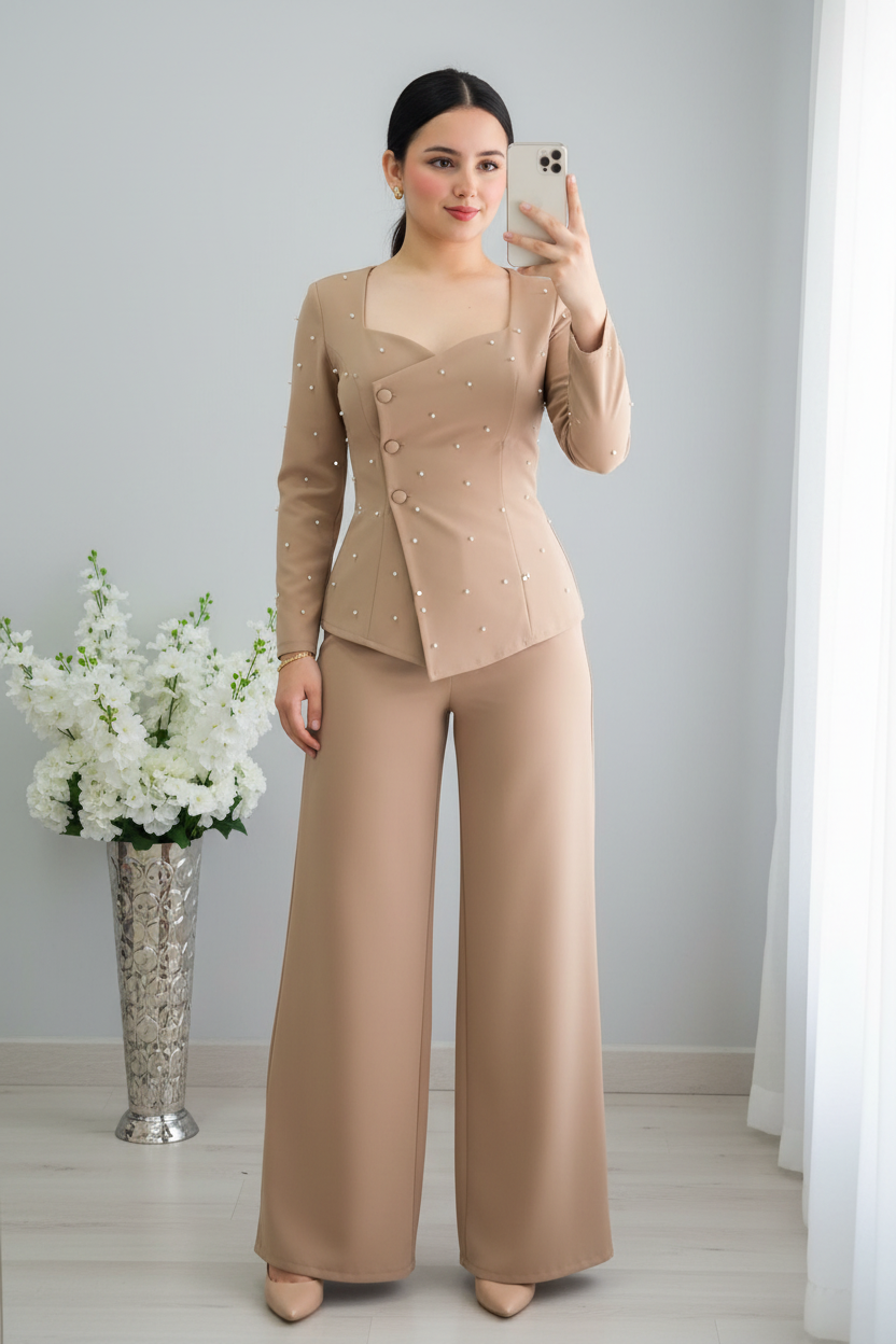 Conjunto blazer con perlas y pantalón palazzo beige vista frontal