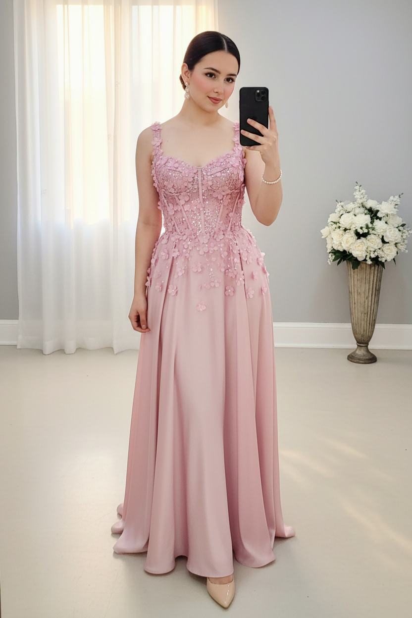 Vestido Largo Rosa Palo Corsé Encaje Floral Flores 3D cod.V1000