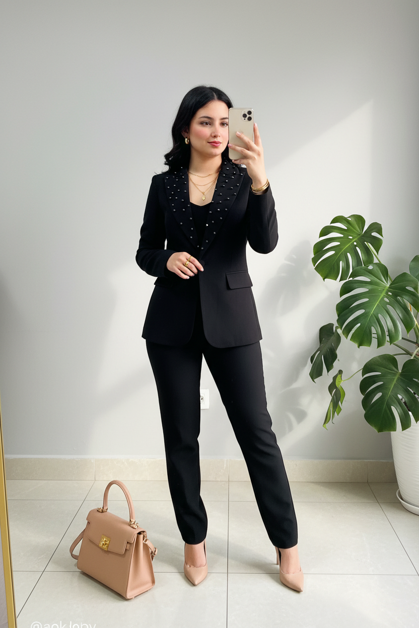 Conjunto Ejecutivo Negro Blazer con Perlas y Pantalón Slim cod.440