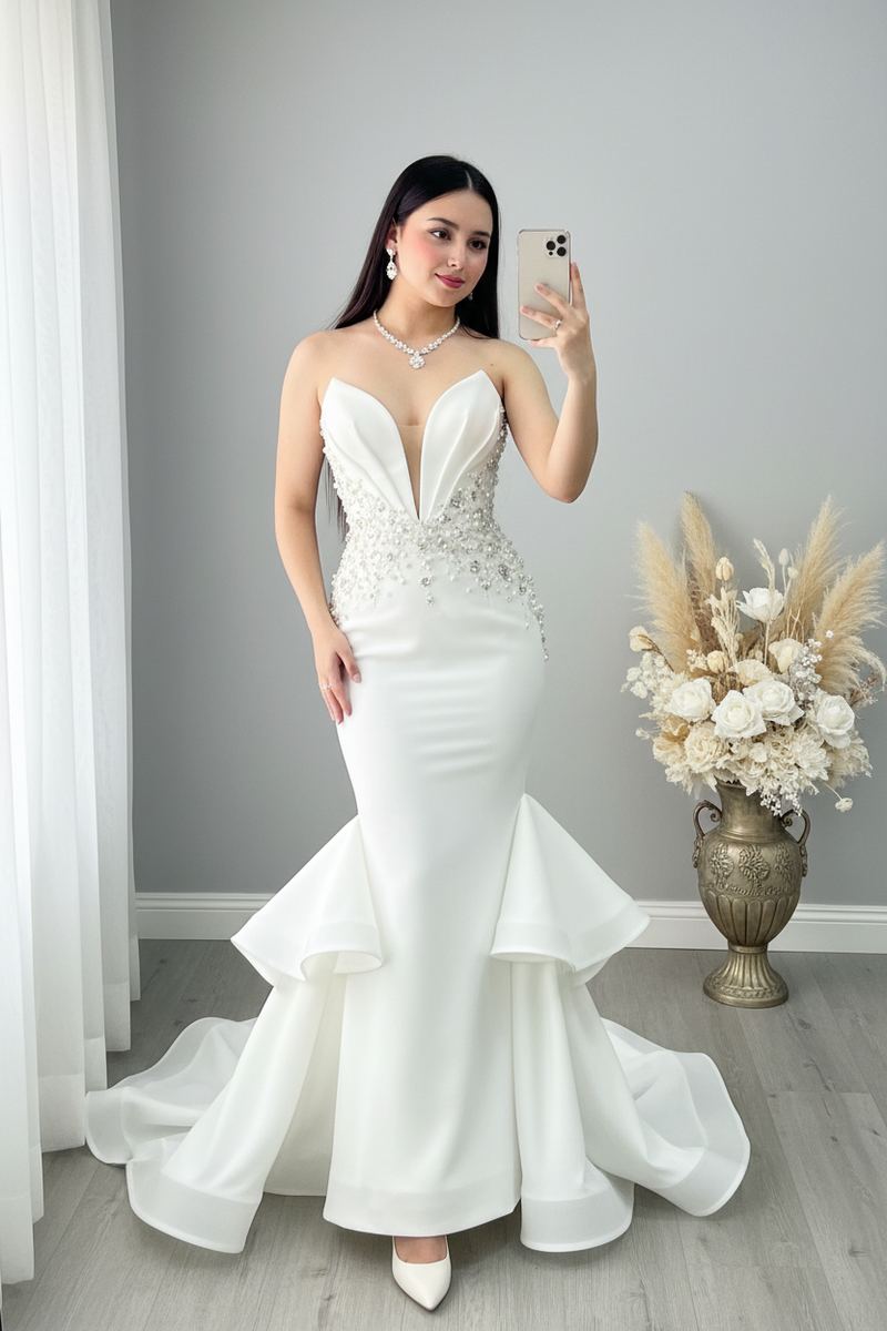Vestido Novia Sirena Blanco | Pedrería y Volantes cod.V433