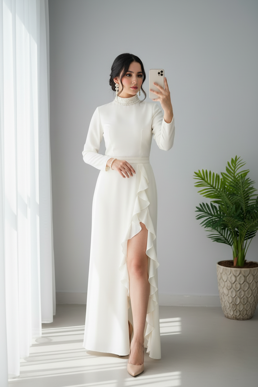 Vestido Blanco Marfil Cuello Alto Perlas Manga Larga Abertura Ruffle cod.828