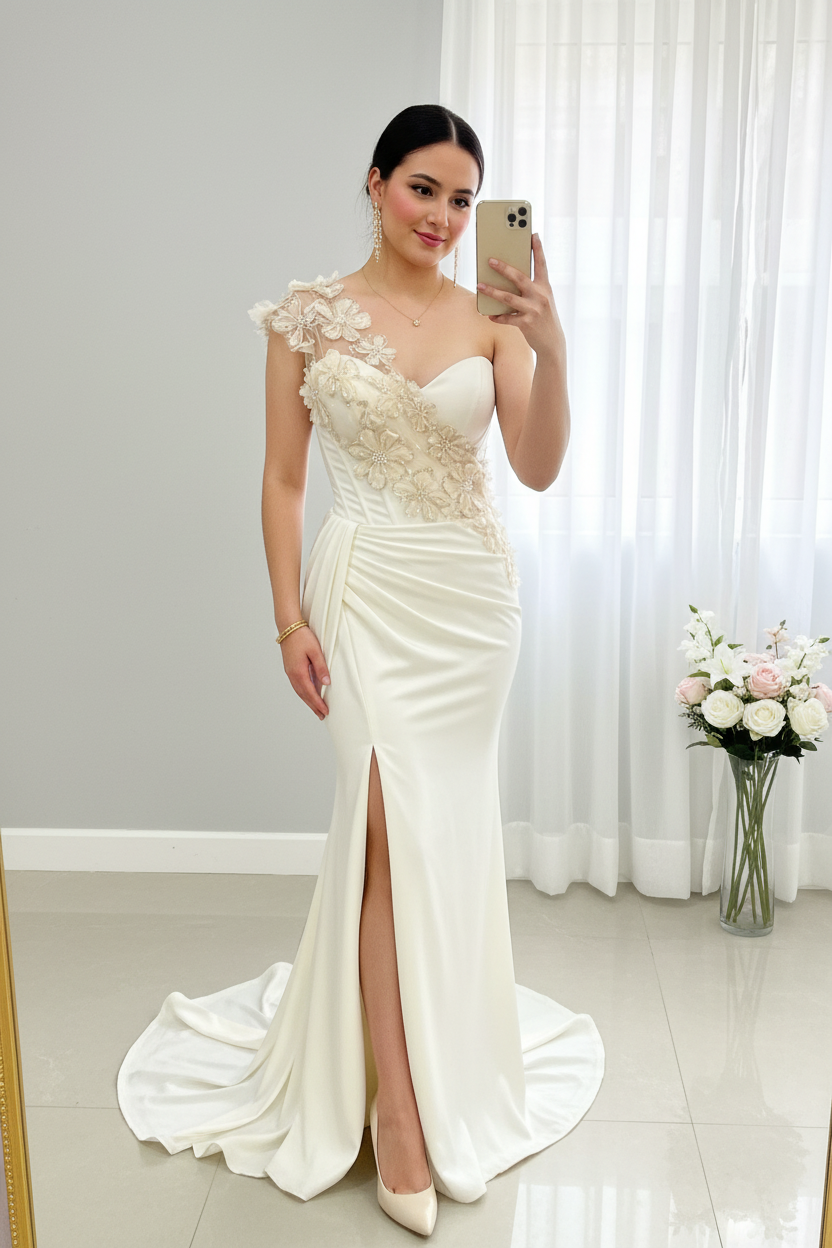 Vestido Blanco Sirena Hombro Único Flores 3D Plumas y Cola — Novia y Gala de Lujo cod.0069