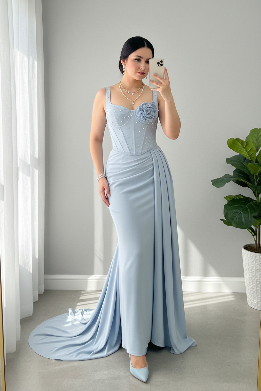 Vestido Azul Cielo Tirantes Corset con Perlas Rosa 3D y Cola Lateral cod.811