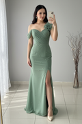 Vestido Verde Salvia Sirena con Perlas cod.V341