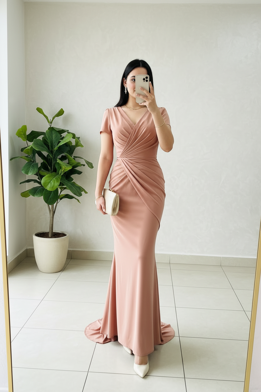 Vestido Sirena Rosa Palo con Drapeado Radial en Abanico. Cod.429