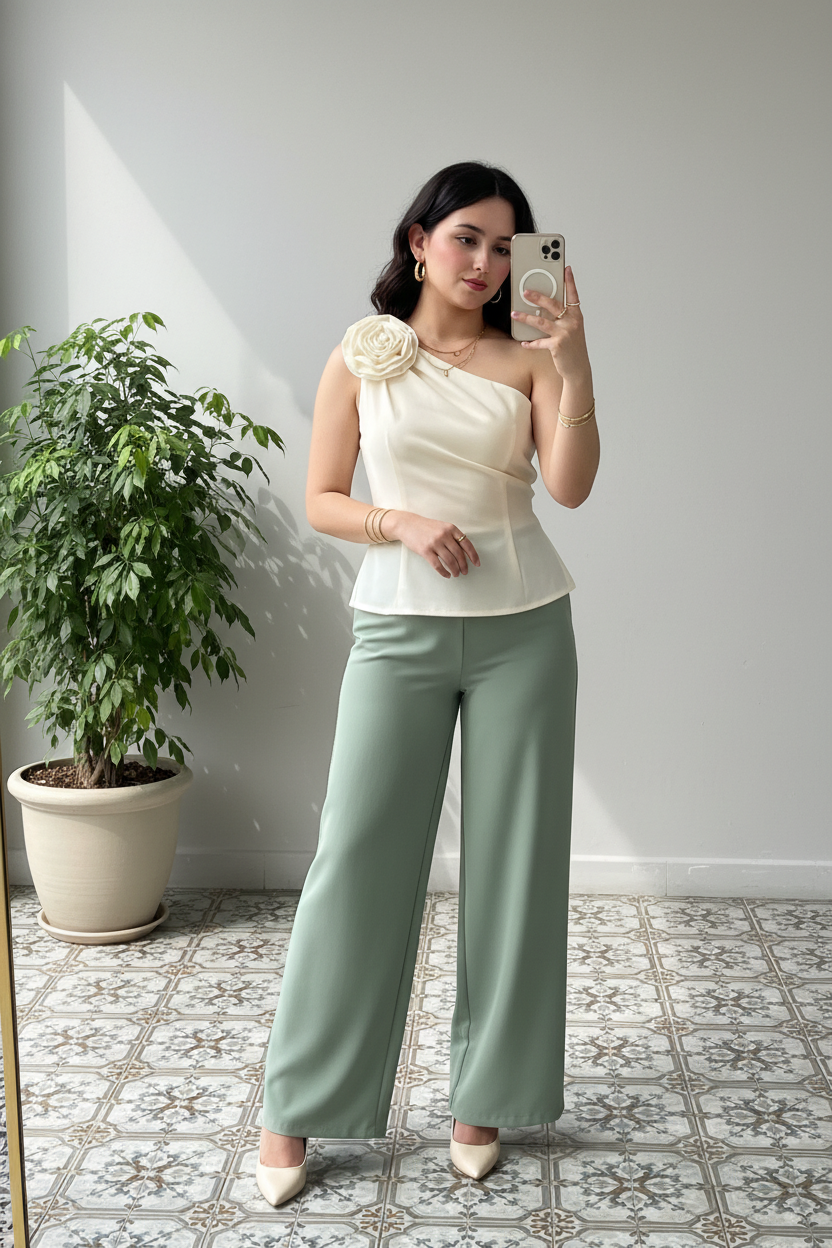 Blusa Elegante Marfil Asimétrica con Rosa 3D - Un Hombro Sofisticada cod.327