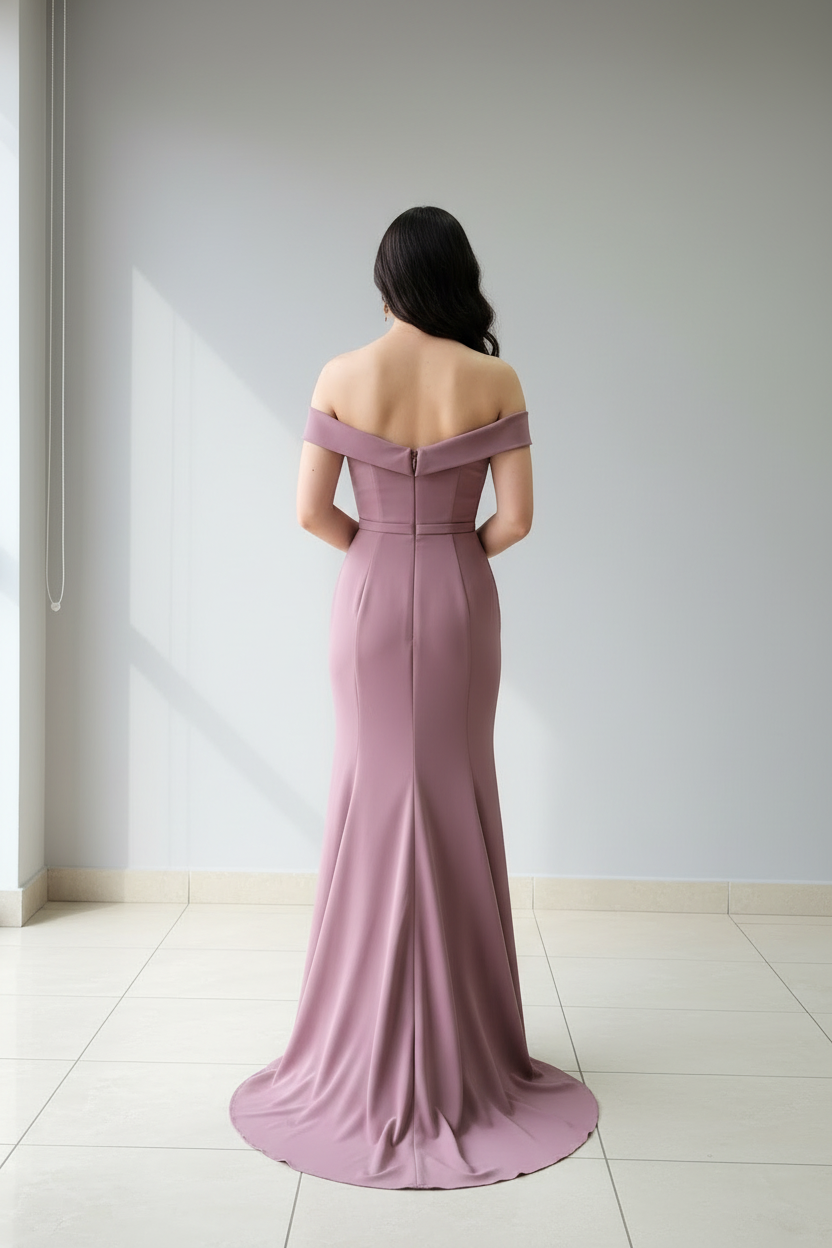 Vestido Sirena Mauve Off-Shoulder con Lazo Estructurado y Cola cod.425