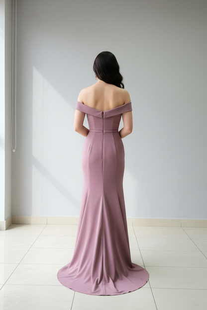 Vestido Sirena Mauve Off-Shoulder con Lazo Estructurado y Cola cod.425