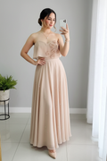 Conjunto Beige Dorado — Top Floral & Falda Perlas cod.856