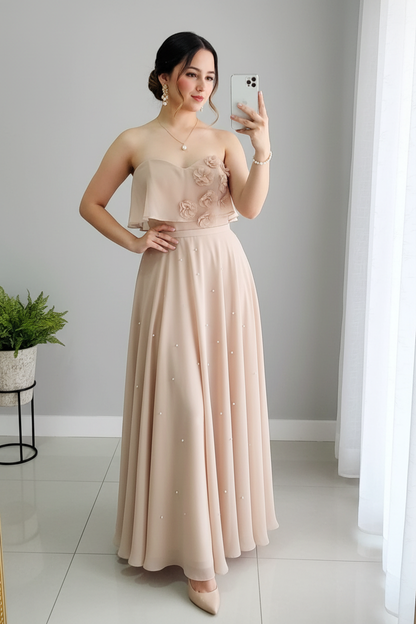 Conjunto Beige Dorado — Top Floral & Falda Perlas cod.856