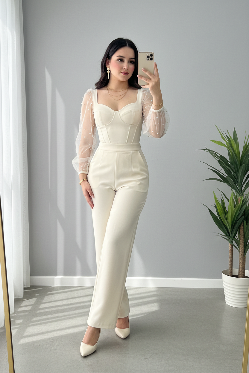Conjunto Crema Corset con Mangas Tul de Perlas y Pantalón cod.649