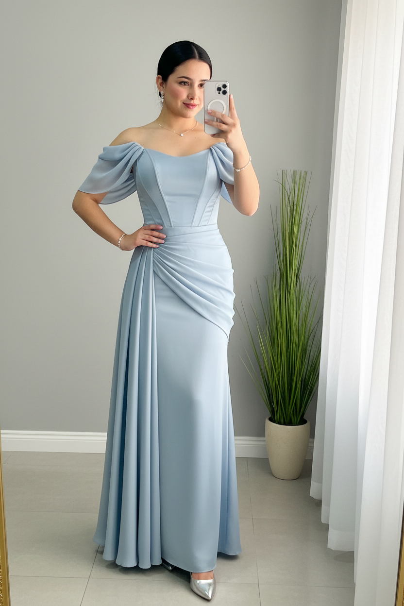 Vestido Azul Cielo Off-Shoulder Drapeado Maxi cod.V679