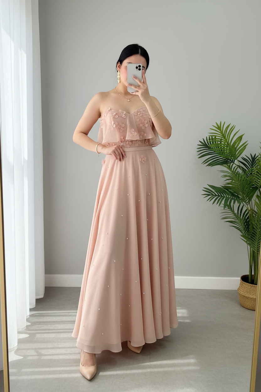 Vestido Rosa Nude — Top Floral & Falda Maxi cod.852