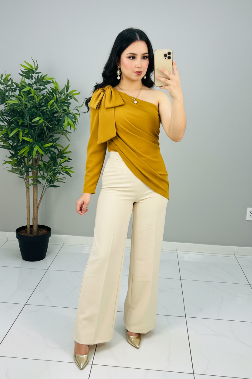 Blusa Mustard Bow Un Hombro cod.597