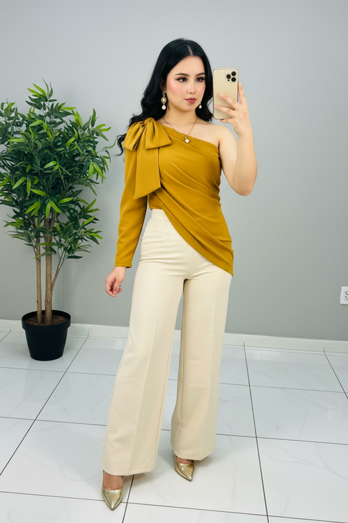 Blusa Mustard Bow Un Hombro cod.597