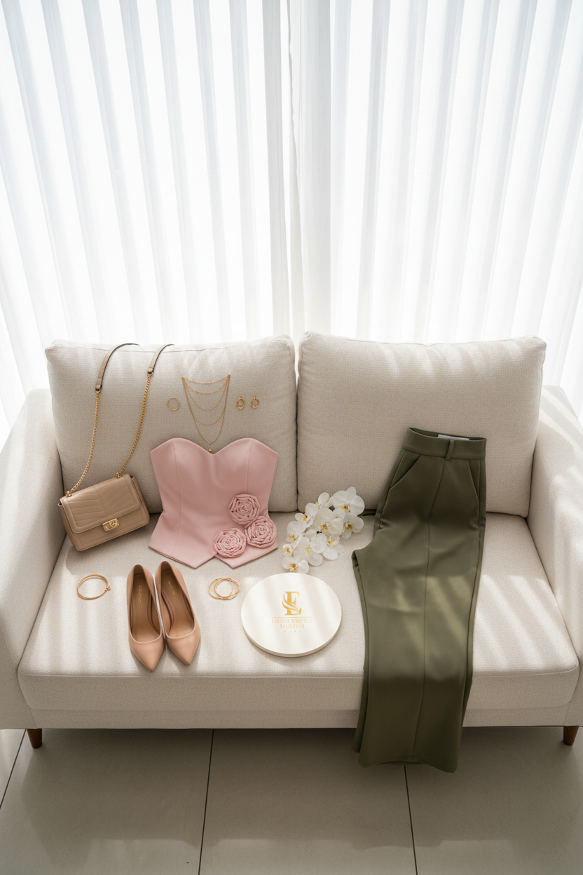 Conjunto Elegante: Corsé Rosa con Rosas 3D + Pantalón Verde Oliva - Sofisticado cod.329