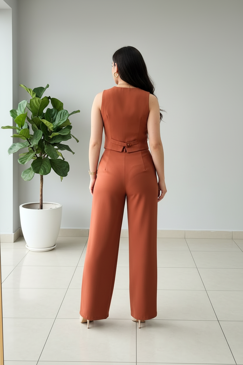 Conjunto Terracota: Chaleco con Rosa 3D y Pantalón Palazzo cod.411