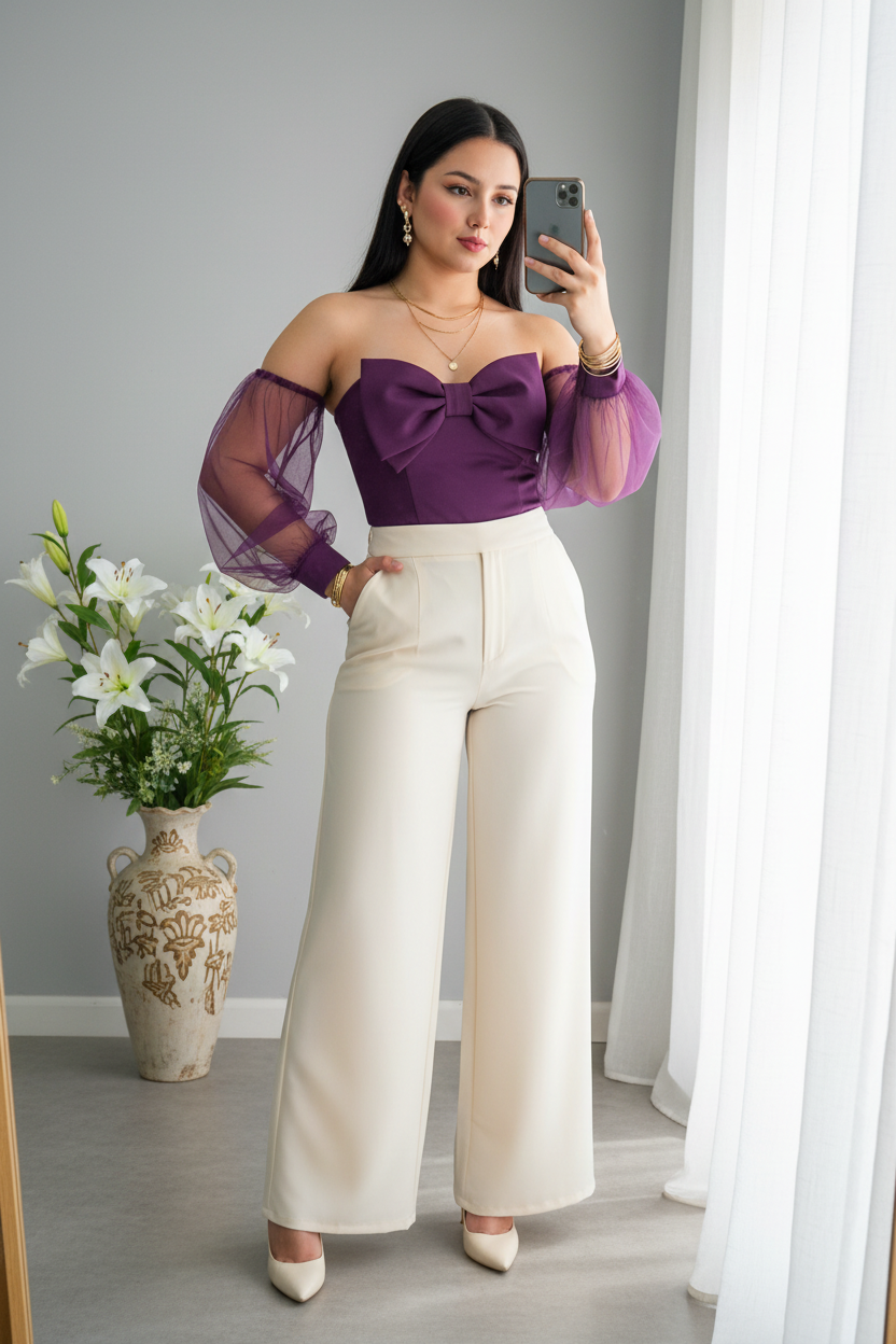 Blusa Corset Morada con Lazo y Mangas Organza cod.B506