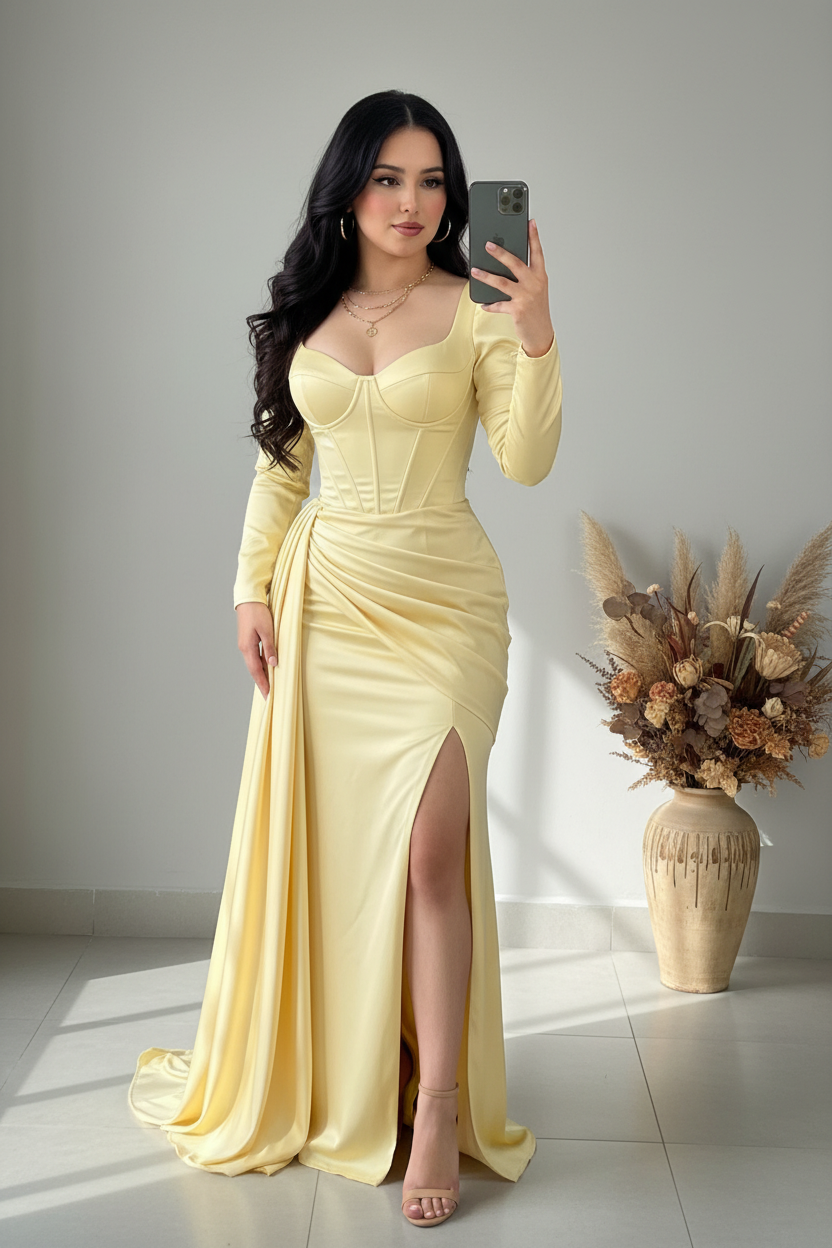 Vestido Sirena Amarillo Limón con Corset y Abertura Lateral cod.V810