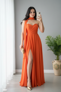 Vestido Naranja Halter Escote Corazón A-Line Abertura cod.00106