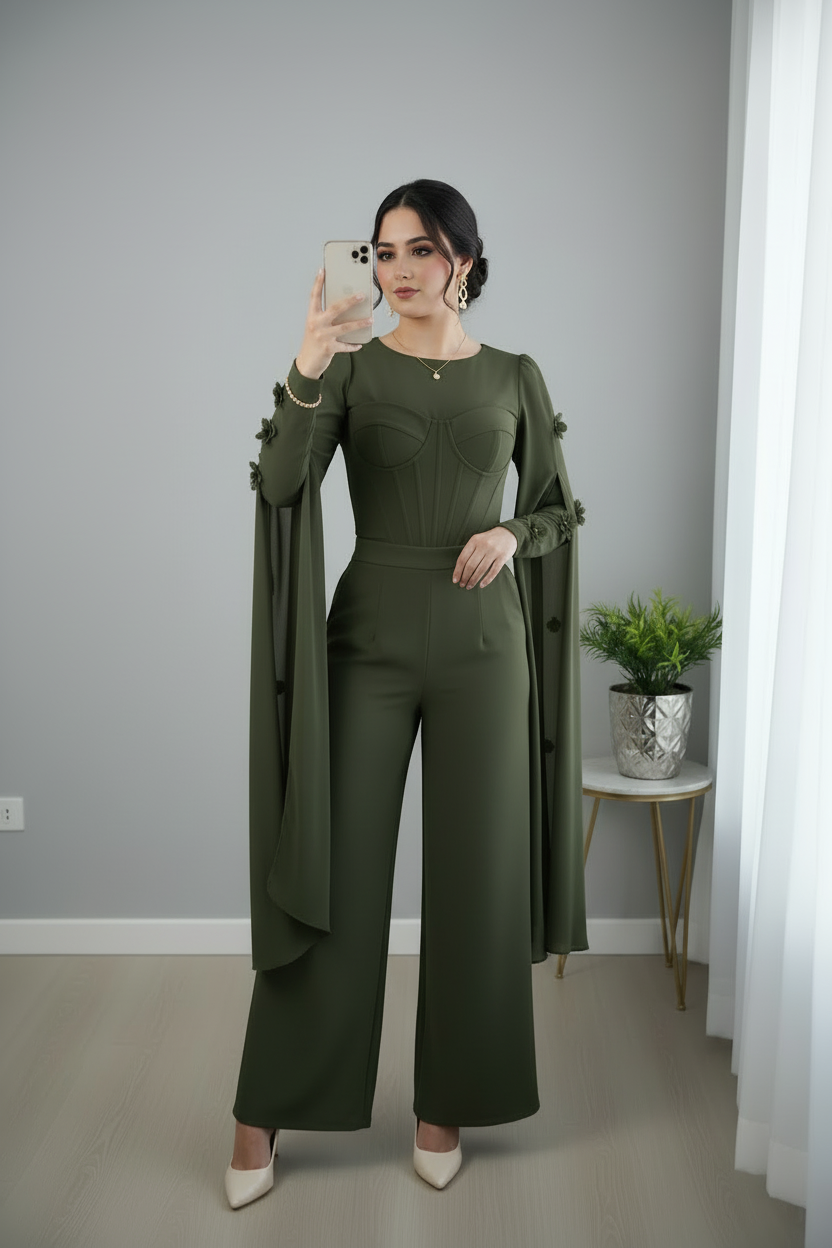 Enterizo Verde Oliva Manga Capa con Rosas 3D Exclusivo cod.801
