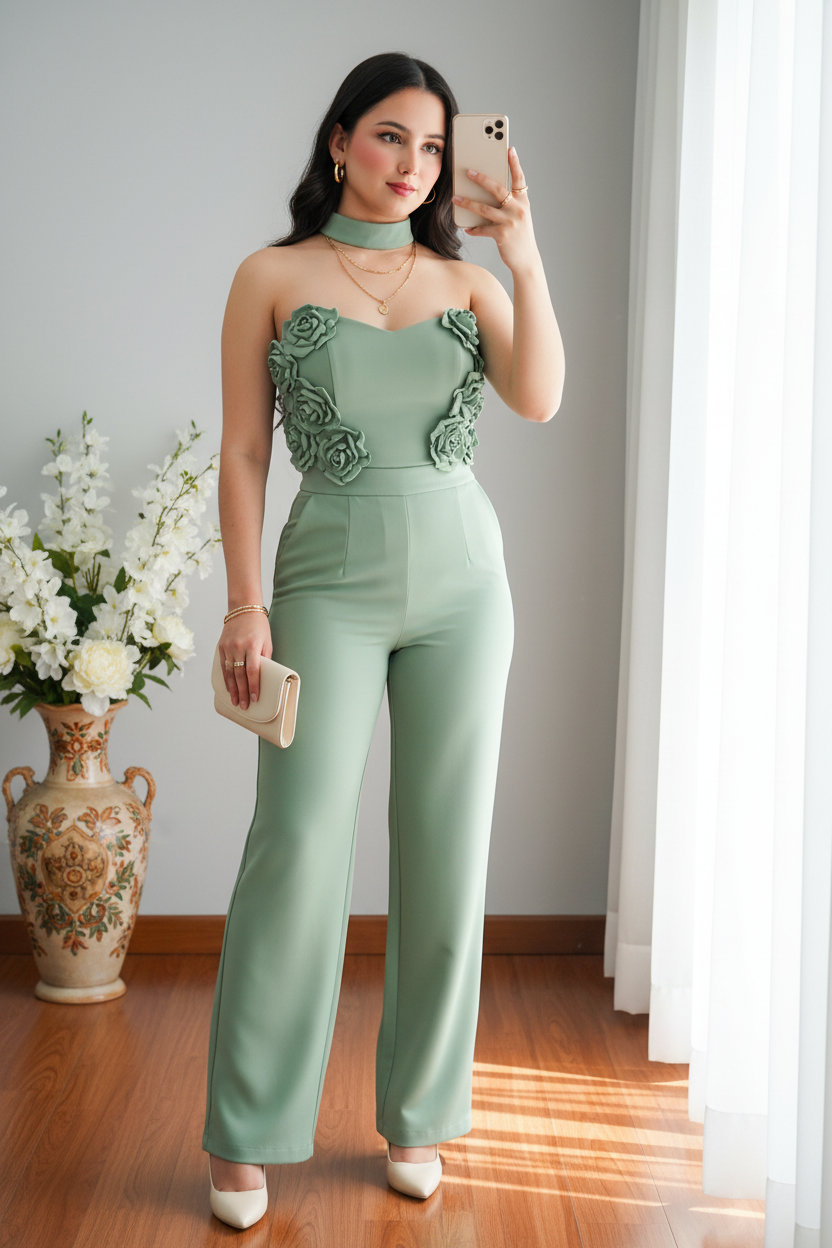 Enterizo Verde Sage Strapless con Rosas 3D y Pantalón Recto cod.E535