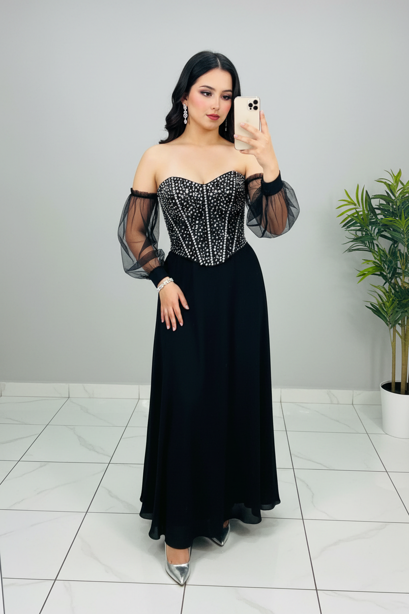 Vestido Formal Negro Off-Shoulder Corsé de Pedrería Plateada y Mangas de Tul cod.555