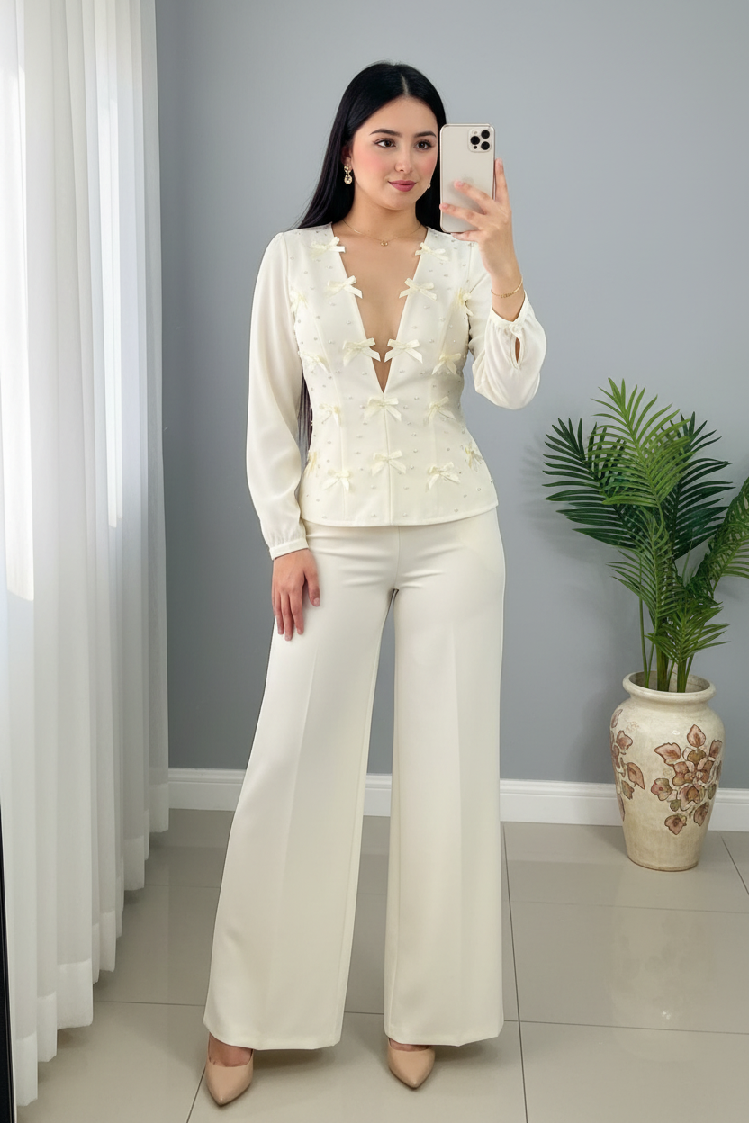 Conjunto Marfil — Top Lazos 3D & Palazzo cod.0042