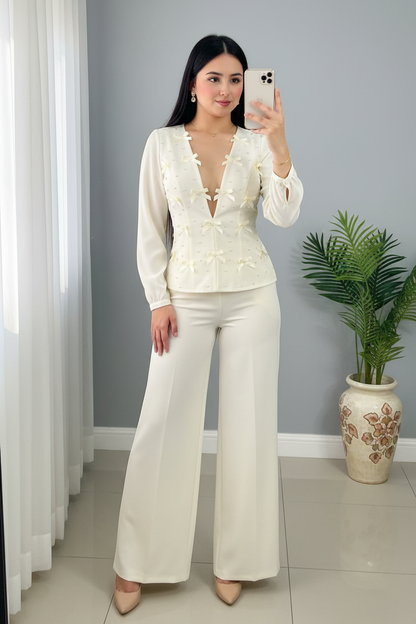 Conjunto Marfil — Top Lazos 3D & Palazzo cod.0042
