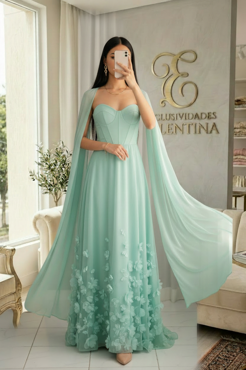 Vestido Verde Menta Gala Corset Flores 3D Mangas Capa cod.V577