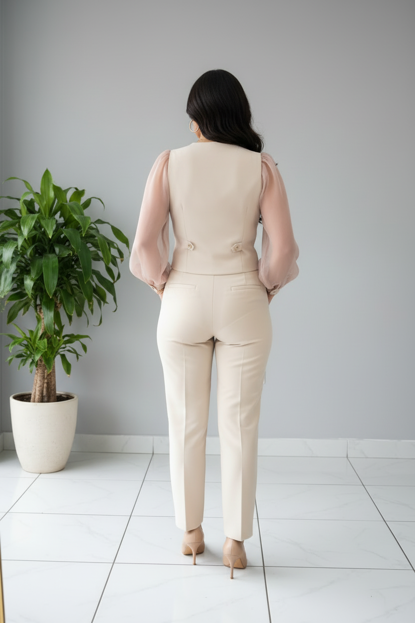 Conjunto Sastre Beige: Chaleco con Mangas Organza y Pantalón Recto cod.385