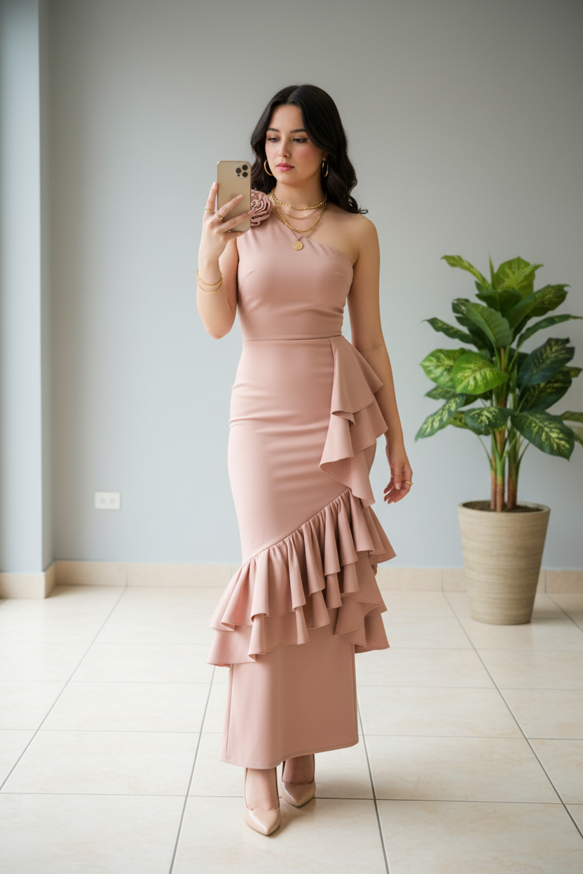 Vestido Rosa Nude Un Hombro con Rosa 3D y Volantes en Cascada Triple cod.450