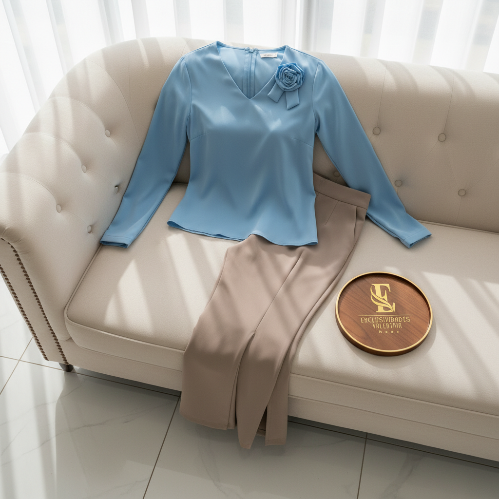 Blusa Azul Cielo con Escote V, Rosa 3D en el Hombro y Mangas Largas cod.381