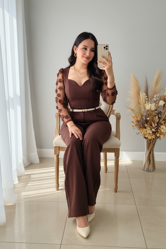 Conjunto Corset Chocolate con Mangas Florales cod.C789