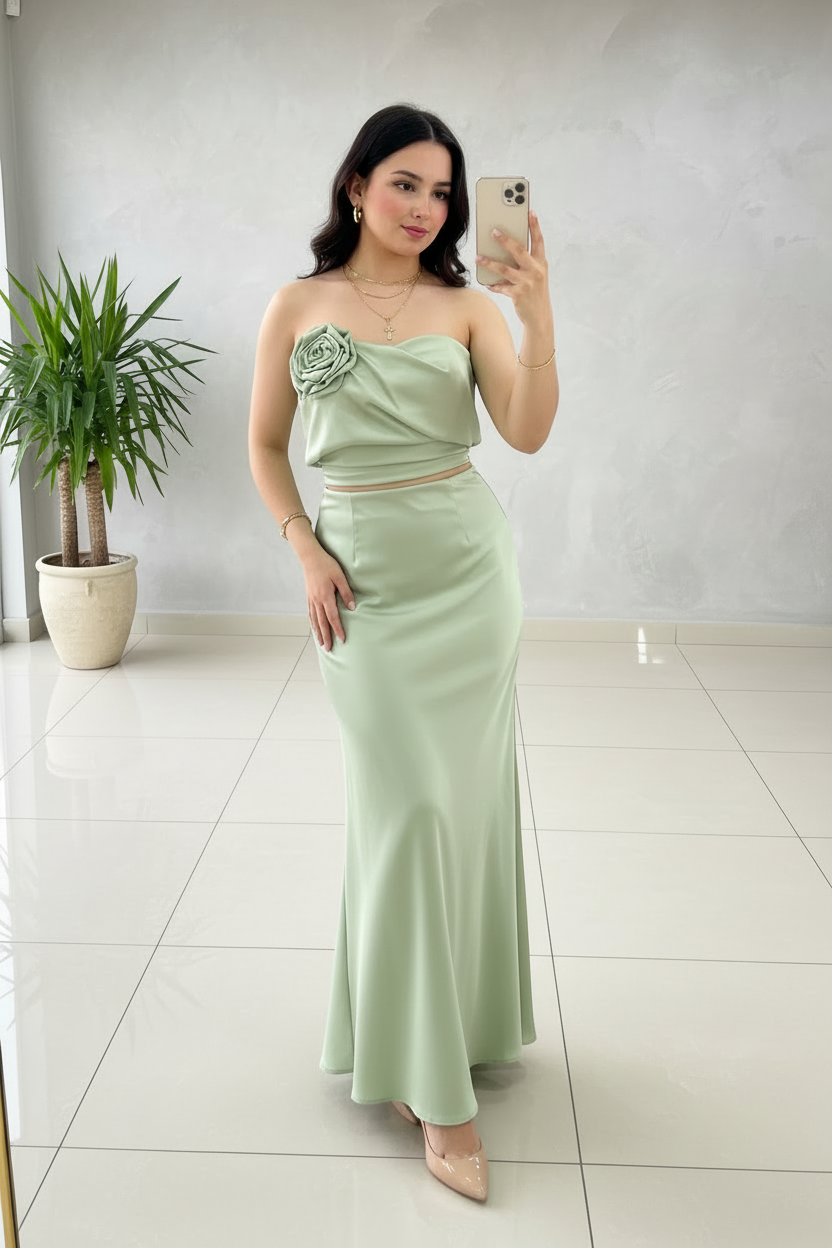 Conjunto Elegante Verde Salvia: Crop Top con Rosa 3D + Falda Sirena - 2 Piezas cod.333