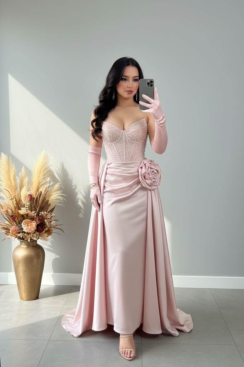Vestido Rosa Palo con Corset de Perlas, Rosa 3D y Guantes