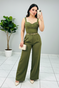 Conjunto Verde Oliva Bustier con Perlas Doradas y Pantalón Palazzo cod.554