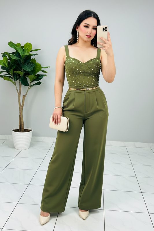 Conjunto Verde Oliva Bustier con Perlas Doradas y Pantalón Palazzo cod.554