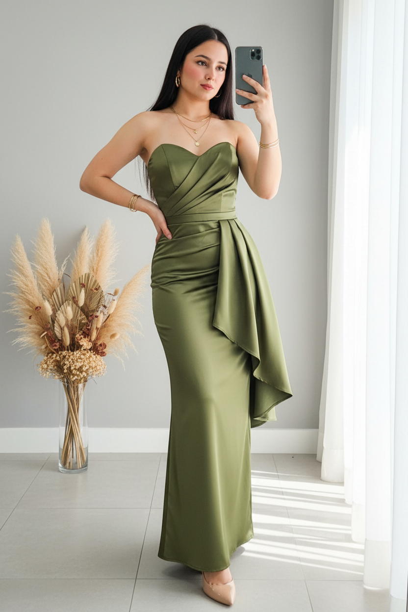 Vestido Verde Olivo Strapless Volante Lateral cod.V422