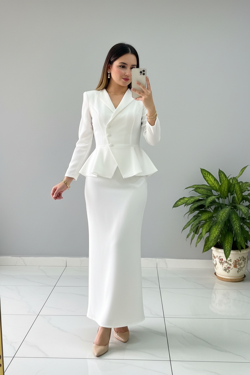 Conjunto Elegante Blanco Blazer Peplum con Falda Maxi cod.506