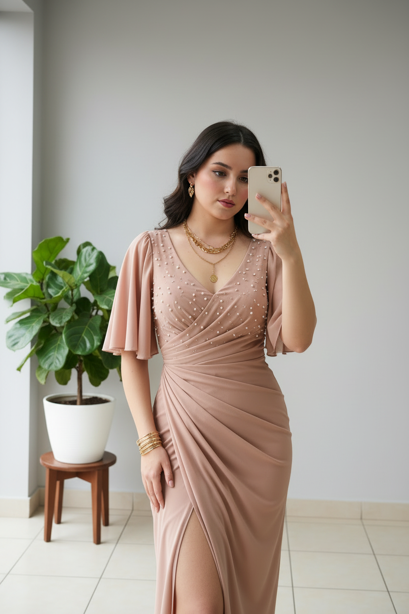 Vestido Nude Pink  con Perlas, Mangas Mariposa y Abertura Lateral cod.369