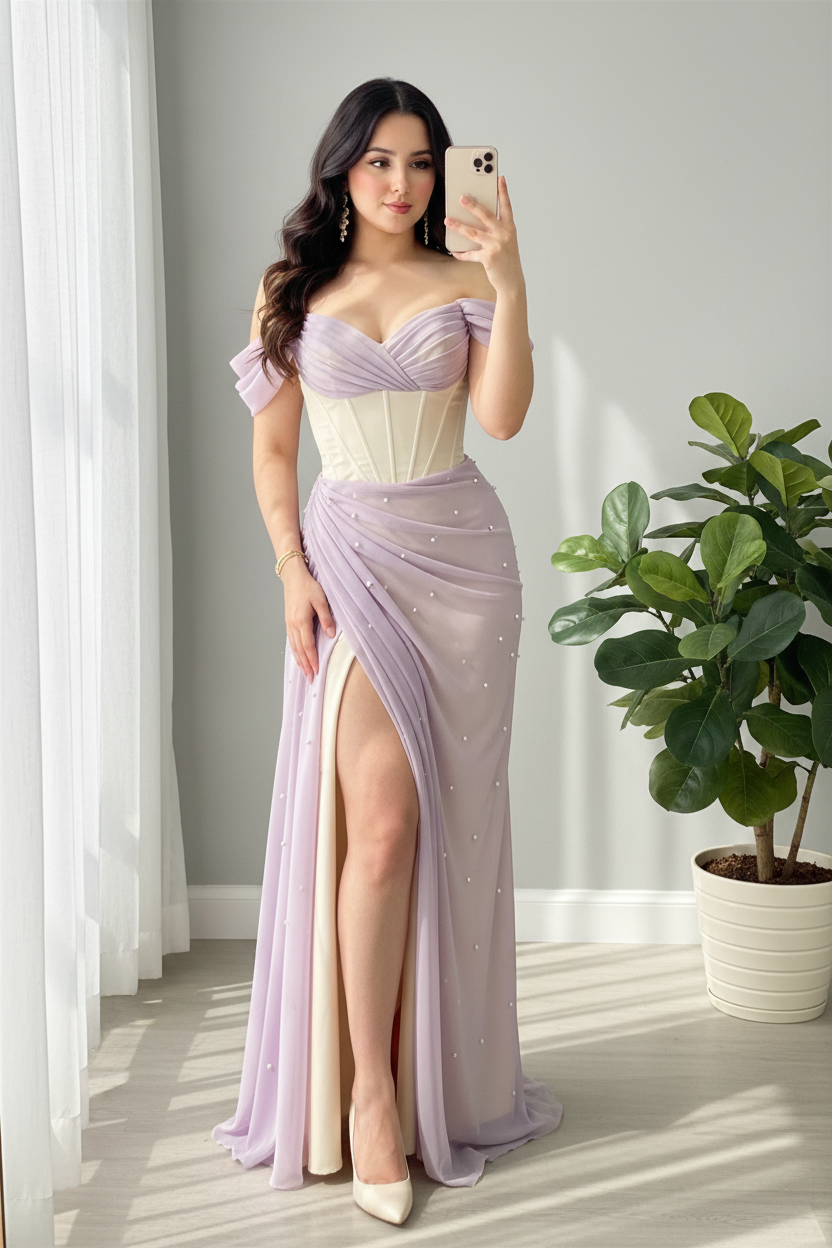 Vestido Lila Tulle Off-Shoulder con Corsét cod.V661