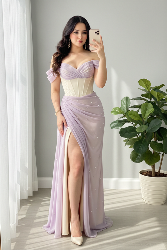 Vestido Lila Tulle Off-Shoulder con Corsét cod.V661