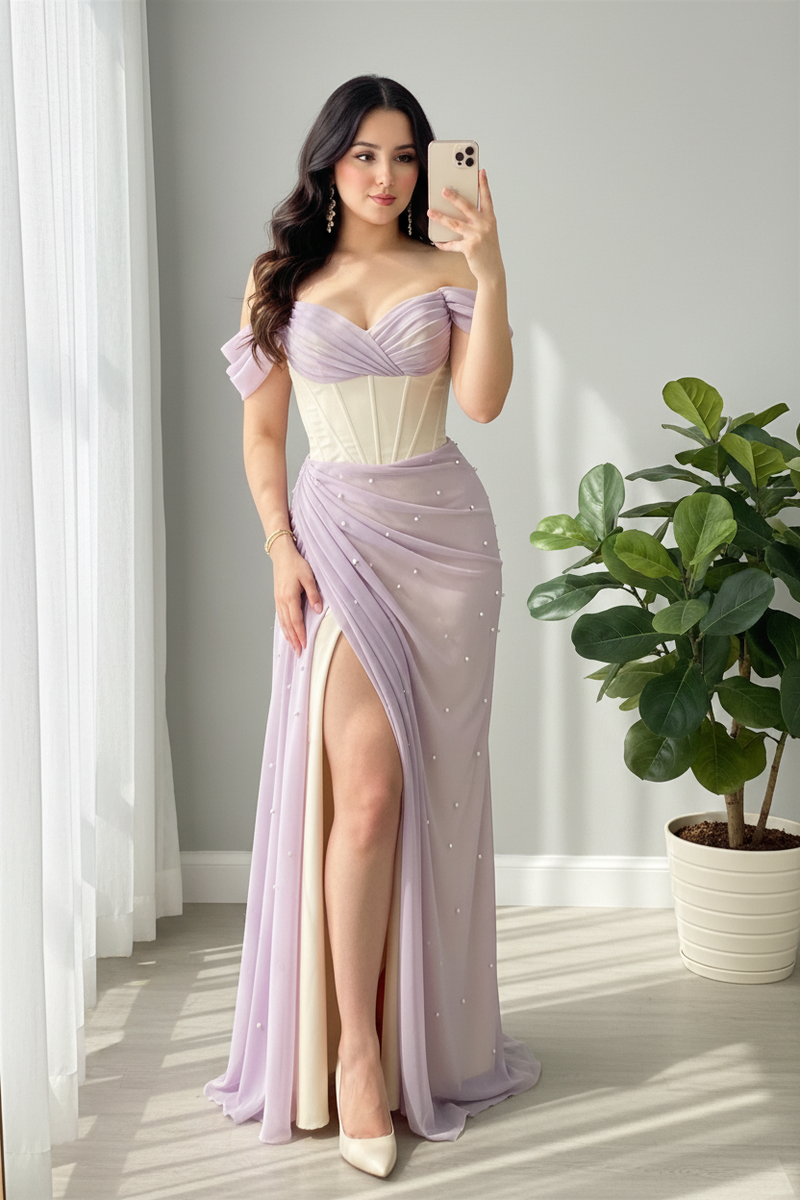 Vestido Lila Tulle Off-Shoulder con Corsét cod.V661