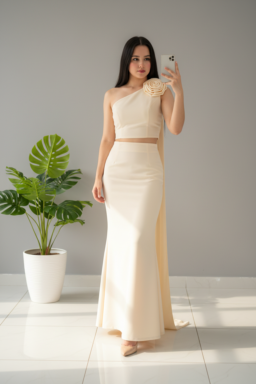 Conjunto Ivory Rose – Top Un Hombro con Rosa 3D & Cola + Falda Sirena cod.683