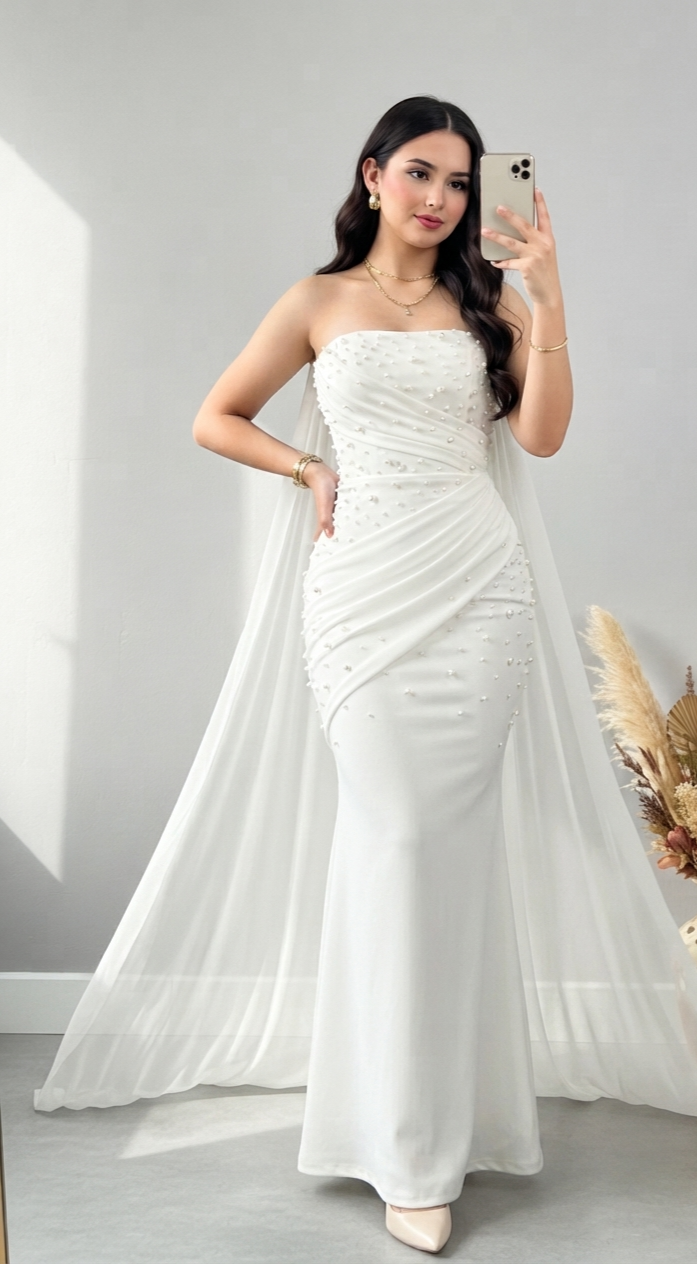 Vestido Sirena Blanco con Perlas y Capa Lateral cod.V808