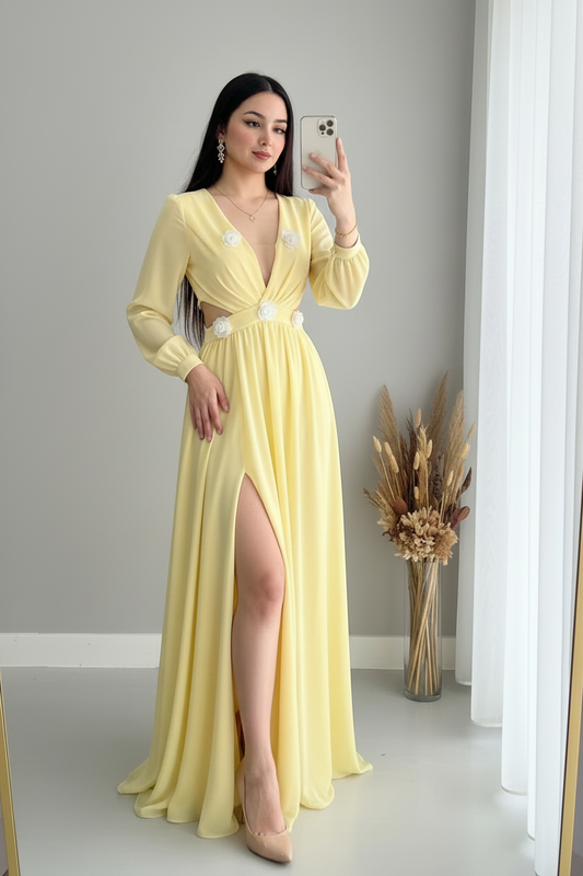 Vestido Amarillo Escote V con Rosas Blancas y Cutouts cod.V775