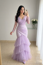 Vestido largo lila con mangas de perlas y falda de tul en capas cod. VC028
